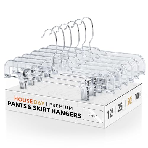 HOUSE DAY 50 Pack Clear Skirt Hangers with Clips - 14'' Clip Hangers - Variation of THIS listing