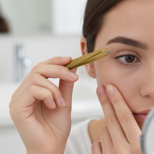 Matte Gold Eyebrow Tweezers Set - 4 Pcs with Fiber Tips for Women