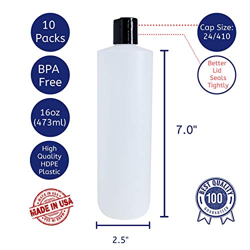 16oz Reusable HDPE Plastic Squeeze Bottles with Black Press Cap - Multi-Purpose, Food Safe, Bulk Pack of 10