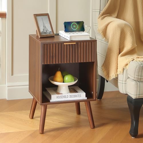 Walnut Brown Nightstand with Charging Station - Fluted Bedside Table with Storage