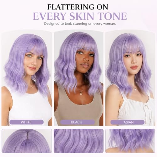 eNilecor Lavender Purple Short Curly Wavy Wig with Air Bangs - 14 Inch Synthetic Bob Hairpiece for Women