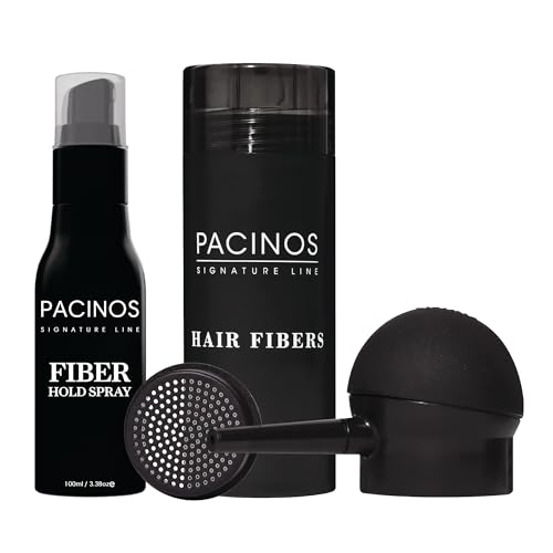 Pacinos Hair Fiber Kit for Thinning Hair - Black, Instant Coverage & Firm Hold