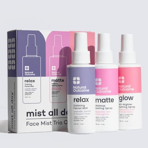 Natural Outcome Face Mist Trio Set - Hydrating, Mattifying & Calming Facial Sprays with Rosewater, Hyaluronic Acid & Lavender
