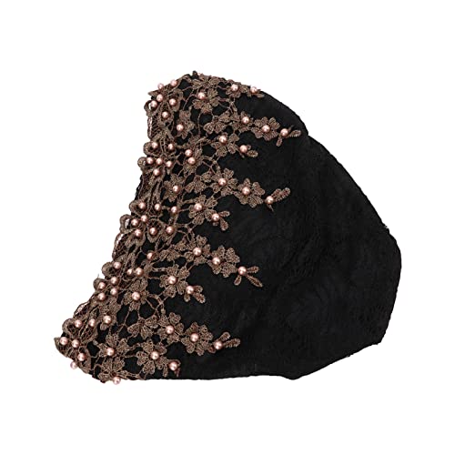 Black Turban Head Wrap for Women, Vintage Embroidered Muslim Style, Pre-Tied Lace & Fleece Hat