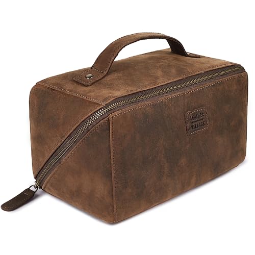 Distressed Brown Full Grain Leather Travel Cosmetic Bag for Women & Men