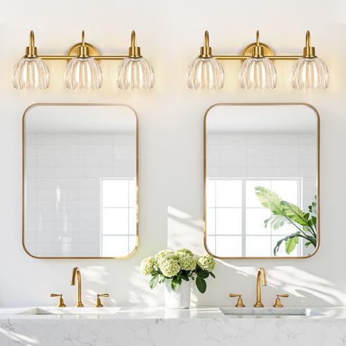 3-Light Bathroom Vanity Light Fixture - Brushed Gold Tulip Glass Shade, Wall-Mounted, Dimmable