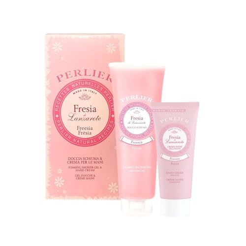 Perlier ? Freesia Shower Gel & Hand Cream Gift Set, Shower Gel 8.4 oz + Hand Cream 3.3 oz, Fresh Floral Fragrance, With Sweet Almond Oil, Deeply Hydrating, Soft Skin, Made in Italy, Beauty Gift Set