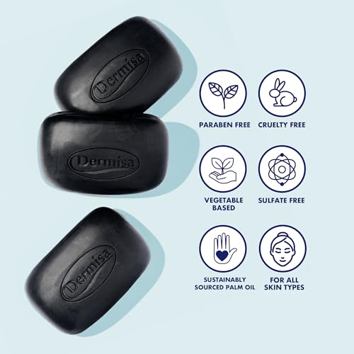 Dermisa Detoxifying Charcoal Bar Soap with Activated Charcoal, Coconut Oil and Shea Butter - Deep Pore Cleansing and Acne Treatment Soap for All Skin Types, 3.0 oz, Pack of 3
