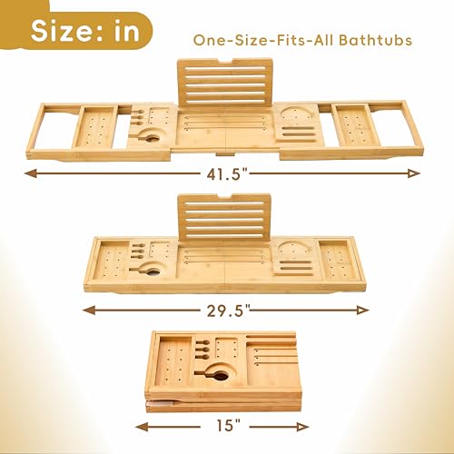 Natural Bamboo Bathtub Tray - Expandable & Foldable Bath Caddy with Spa-Style Holders - A-Natural Variation