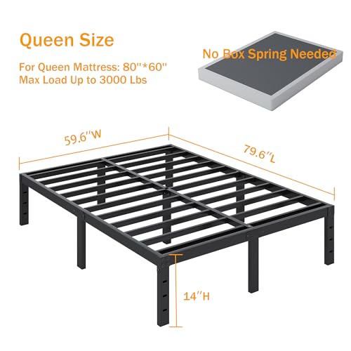 Queen Size 14 Inch Heavy Duty Metal Bed Frame - No Box Spring Needed, Under-Bed Storage, Noise-Free, Easy Assembly