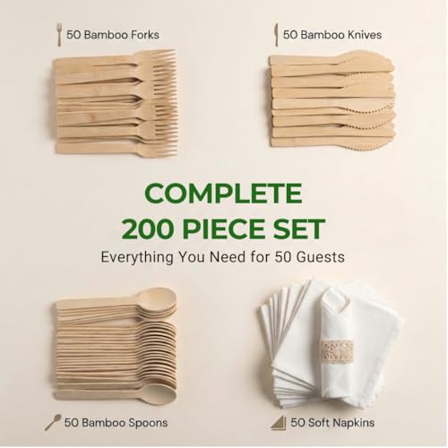Pre-Wrapped Bamboo Cutlery Set – 100 Pack Disposable Utensils with Napkins – Forks, Knives, Spoons – Eco-Friendly Party & Wedding Supplies