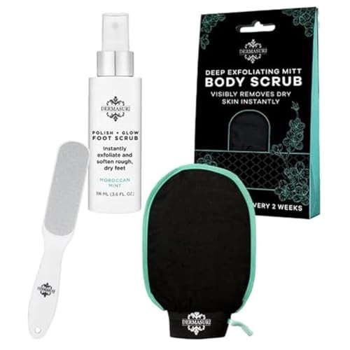 Dermasuri Deep Exfoliating Body & Foot Scrub Set with Glove & Spray