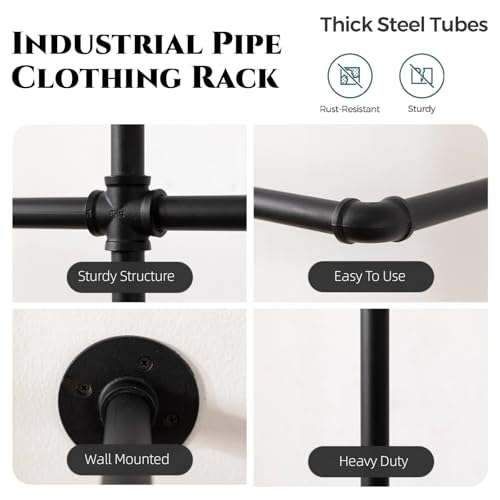 Homeyeeng 5-Rod Wall-Mounted Industrial Pipe Clothing Rack - Heavy-Duty Garment Organizer