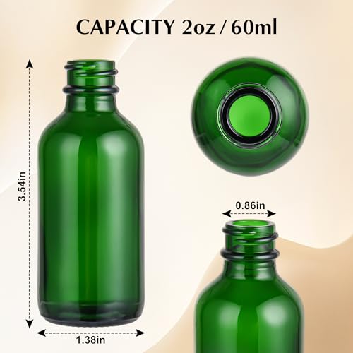 Small Glass Bottles with Lids Boston Round Shot Bottles for Health, Immunity, Ginger Juice, Essential Oils, Potion - Leak Proof Mini Travel Containers (Green UV, 2oz-48Pack)