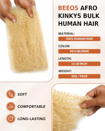 BEEOS #613 Blonde Afro Kinky Human Hair Extensions 12 Inch Bulk 50g