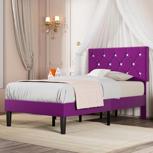 Purple Twin Size Bed Frame with Diamond Tufted Headboard - Upholstered Platform Bed with Wood Slats - No Box Spring Needed - Variation: Purple-1