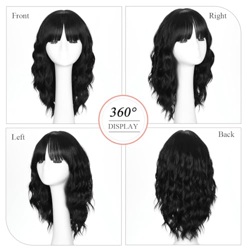 Black Wigs for Women 16 Inch Wavy Short Style with Bangs - Lightweight & Natural Looking