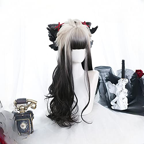 Wavy Long Black White Synthetic Hair Lifelike Daily Sweet Lolita Japanese Hot Princess Cosplay Party Natural Female Wigs with Bangs
