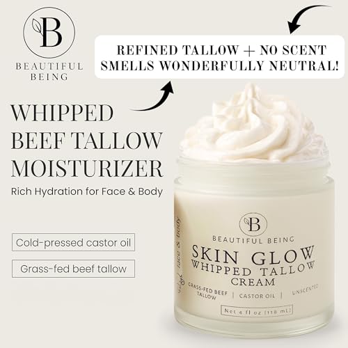 Beautiful Being Skin Glow Grass-Fed Whipped Beef Tallow Moisturizer Unscented 4oz (Face & Body) – Castor Oil Infused