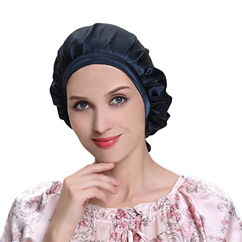 Silk Bonnet for Sleeping 100% Mulberry Silk Sleep Cap for Women Hair Care Night Cap with Adjustable Ribbons(Medim, Navy Blue)