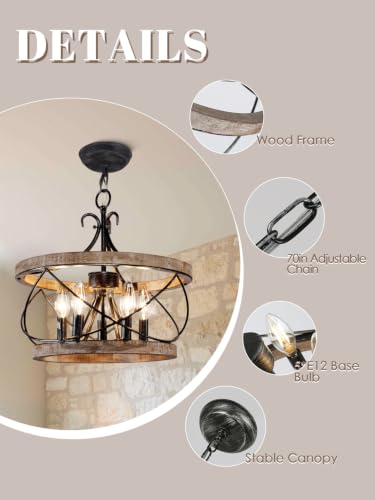 Dawn Whisper Gray Farmhouse Chandelier 15.7" Rustic Wood Drum Light Fixture for Dining Room