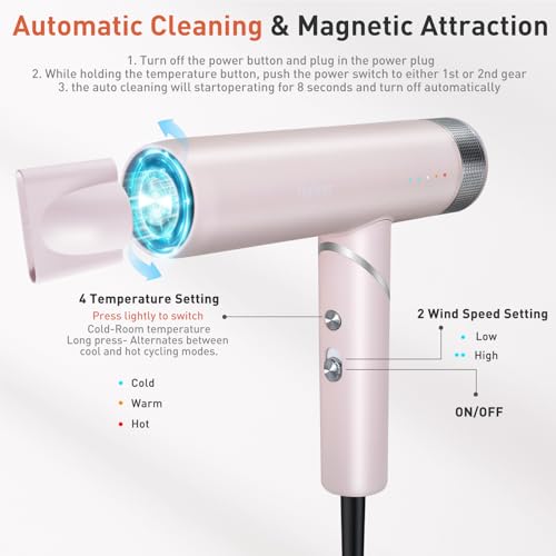 Foldable Hair Dryer with Negative Ions - Pink, High-Speed 110K RPM Ionic Blow Dryer for Fast Drying