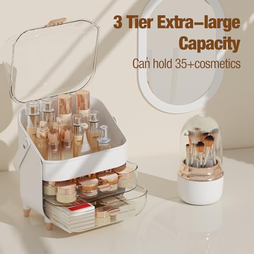 Makeup Organizer, Skincare Organizers With Makeup Brush Holder, Cosmetic Organizer for Countertop,Bathroom, Vanity, Cosmetic Display Cases, Christmas Gifts for Teen Girls (Rose Gold)