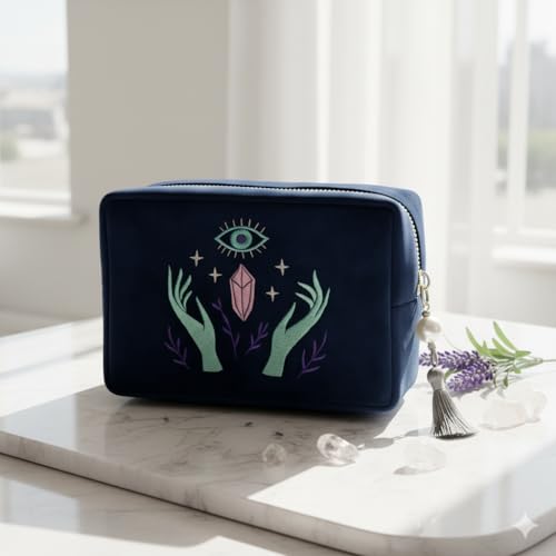 Velvet Zipper Pouch for Tarot Decks Crystals and Makeup - Mystical Organizer with Embroidery