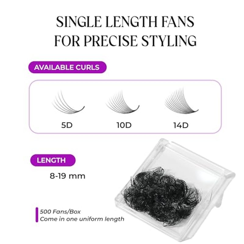 500 pcs Narrow Promade Loose Fans ? 5D Volume 0.07 C Curl, 8?19?mm Mixed Length, Matte Black Handmade Lash Extensions, Thick Wispy Lashes for Pros (Black-C-0.07-10mm)