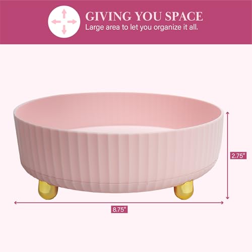 Paris Hilton 360¡Æ Rotating Makeup Organizer Tray, Large Capacity for Skincare & Beauty Essentials, Fluted Design with Gold Accents, 8.75-Inch, Pink