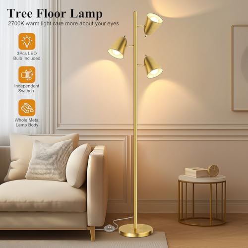 Brushed Gold Tree Floor Lamp with 3 Adjustable Arms & LED Bulbs - Tall Standing Reading Light