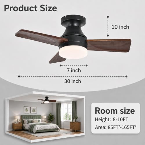 30 in Walnut Wood Ceiling Fan with Light & Remote, 3-Blade Flush Mount