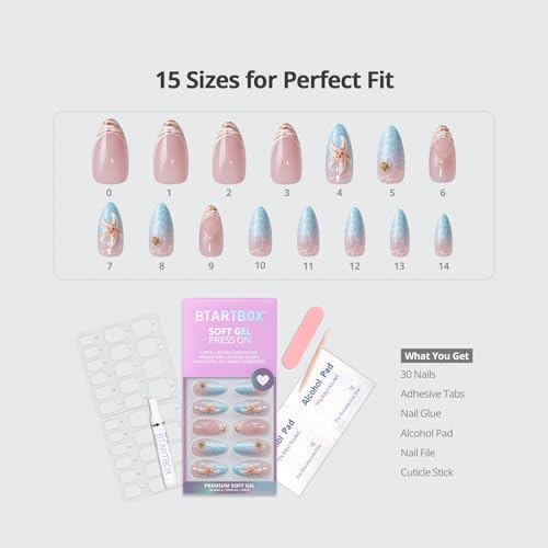 BTArtbox Press On Nails - Medium Almond Blue Star Fake Nails - Tide Play Variation 30Pcs