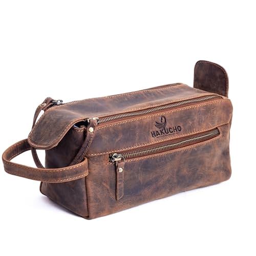 Walton Buffalo Leather Toiletry Bag for Travel, Tan Brown
