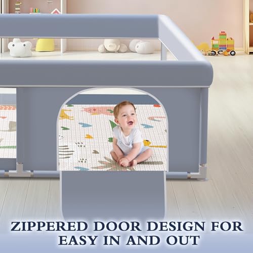 Baby Playpen with Mat 65 x 50 Inch - Indoor & Outdoor Toddler Play Yard, Skin-Friendly Fabric, Grey (Variation: With Mat)