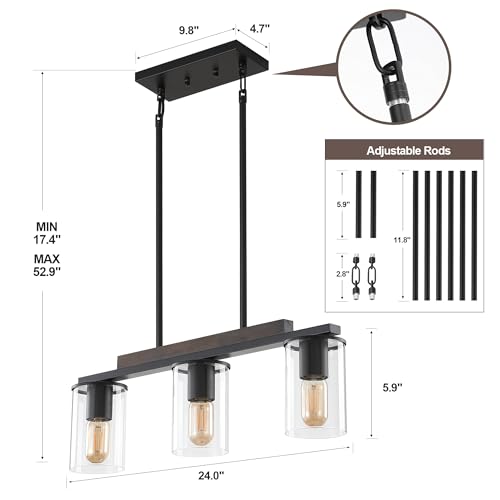 Farmhouse Style Black Pendant Light with Clear Glass Shade - 3 Light Linear Chandelier for Kitchen Island