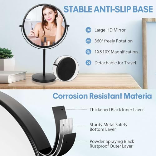 9-Inch Double-Sided Makeup Mirror with Magnification & Swivel Stand - Matte Black