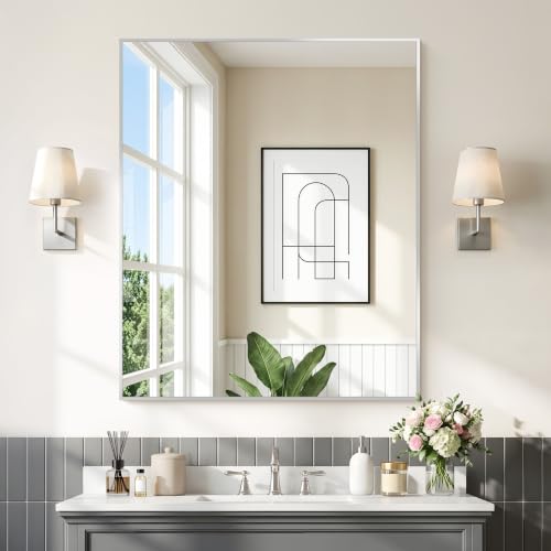 COFENY Silver Bathroom Mirror 36x30 Inch Rectangle Wall Mirror with Metal Frame, Modern Vanity for Bathroom & Entryway - Horizontal or Vertical Hanging
