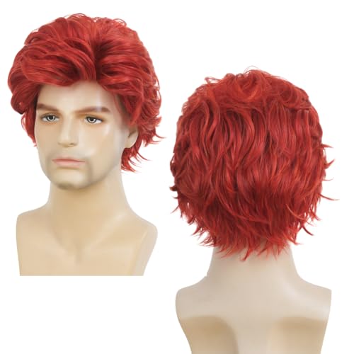 Men's Red Short Curly Synthetic Wig - Side Part Natural Halloween & Daily Use