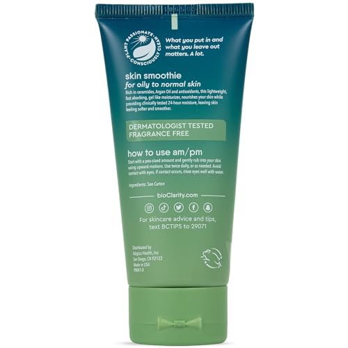 BioClarity Skin Smoothie 24-Hour Gel Moisturizer for Normal & Oily Skin Types, 100% Vegan, Clean Ingredients, with Olive, Argan & Ceramide, 2 fl oz, Pack of 3