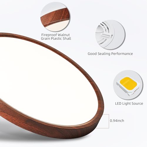 HEYAN 16-Inch Walnut Wood Flush Mount Ceiling Light Fixture 2 Pack with Adjustable Color Temperature