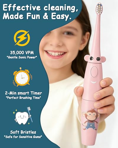 Pink Kids Water Flosser & Electric Toothbrush Combo for Ages 6-12 - Braces-Friendly Giraffe & Monkey Design
