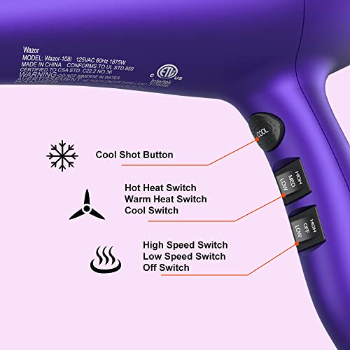 Lightweight 1875W Ionic Hair Dryer with Diffuser & Multiple Settings - Purple