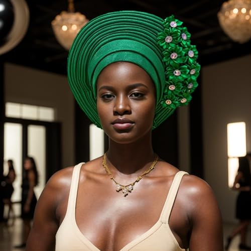 African Turban Gele Headwrap Handmade Party Hat - Green, One Size