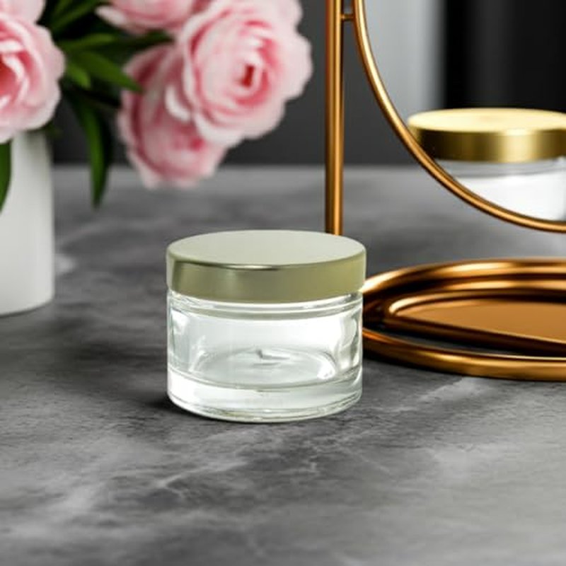 (6 Pack) 1 oz Clear Glass Balm Jars with Gold Metal Foam Lined Lids + Spatulas