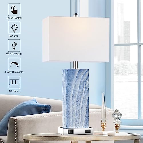 Blue Touch Control Bedside Table Lamp Set of 2 with USB & Outlet, 3-Way Dimmable, Modern Ceramic Nightstand Lamps with Fabric Shade