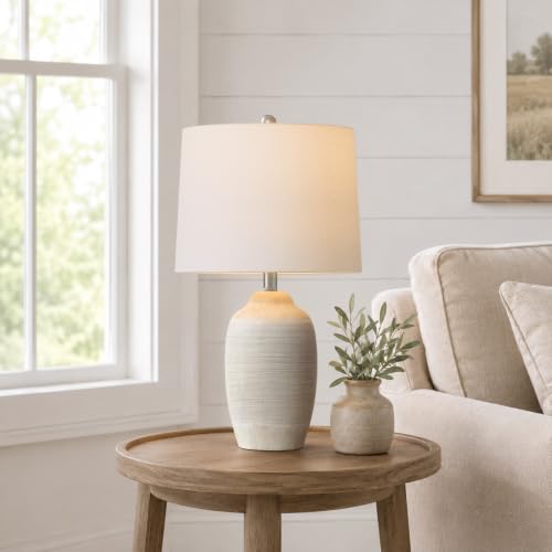 Retro Beige Ceramic Table Lamp with Pre-Attached Linen Shade - 24.5" Living Room Decor