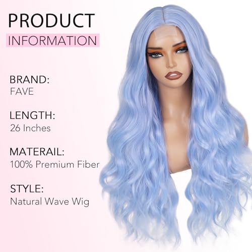 FAVE Light Blue Wavy Synthetic Wig for Women 26-Inch Long Party & Daily Use