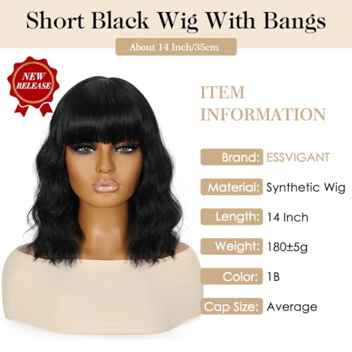 Black Wavy Wig with Bangs 14 Inch Heat Resistant Fiber Shoulder Length