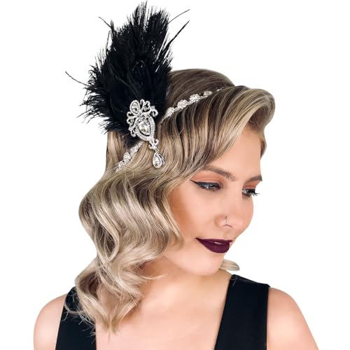 SWEETV 1920s Feather Headpiece Black, Womens Ostrich Feather Crystal Headband, Great Gatsby Hair Accessories for Women, Ribbon Tie